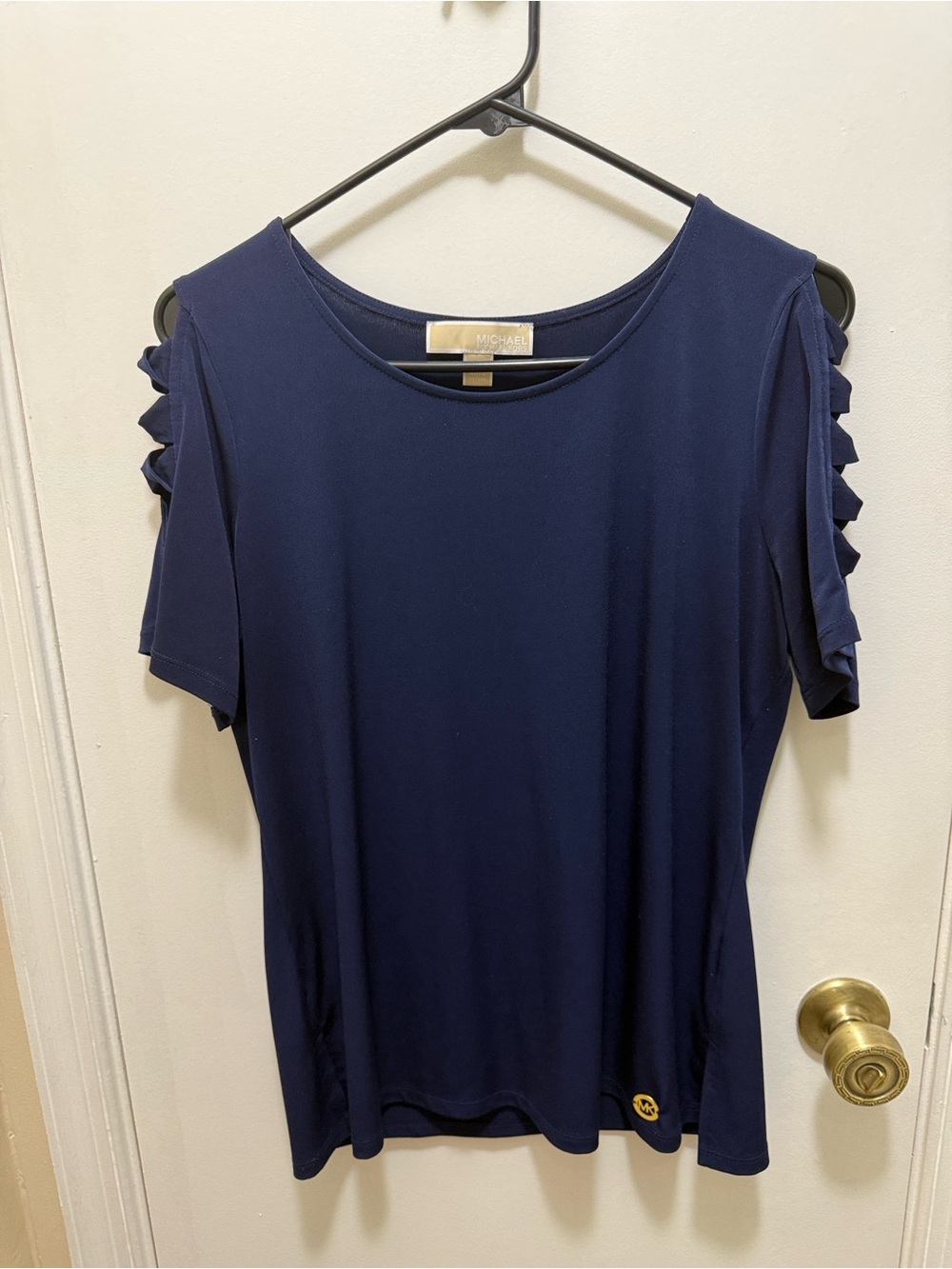 MICHAEL Michael Kors Navy Cold-Shoulder Short Sleeve Top with Ladder Trim